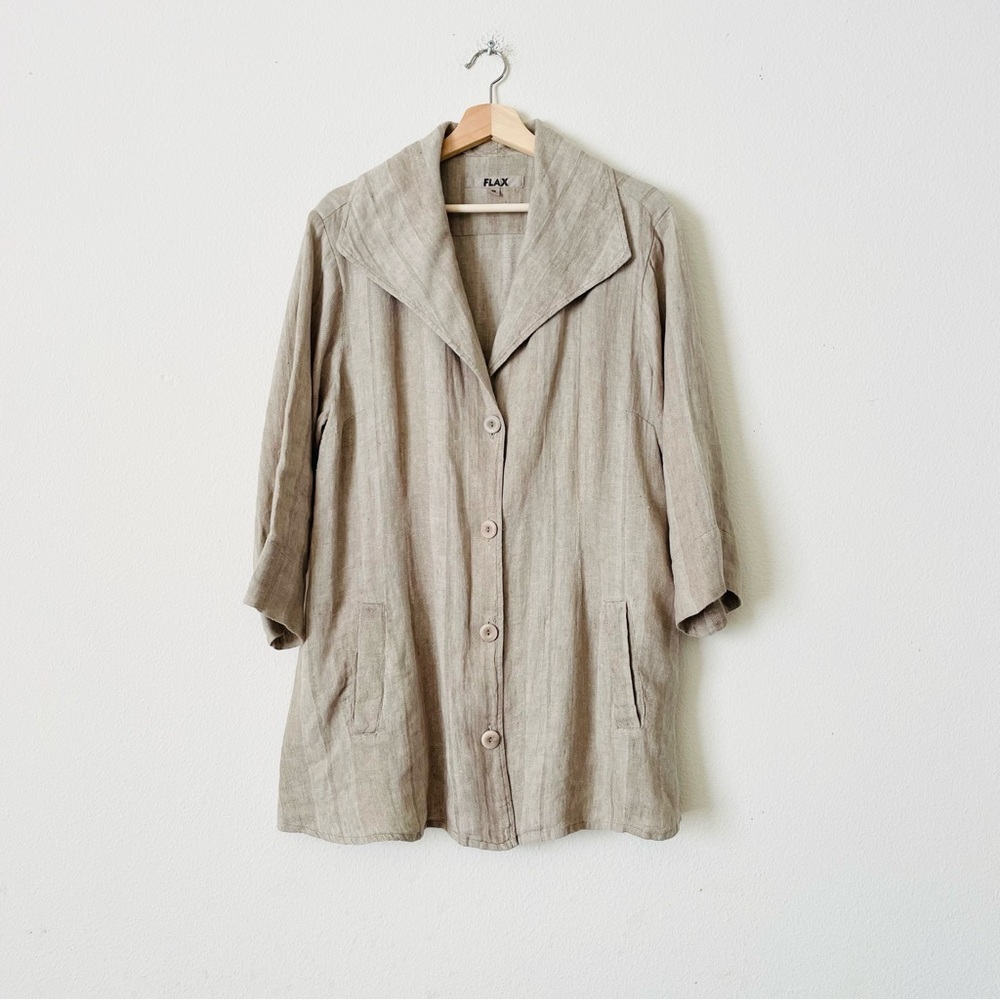 Flax SMALL 100% linen beige striped lagenlook 3/4 sleeve pocketed blazer